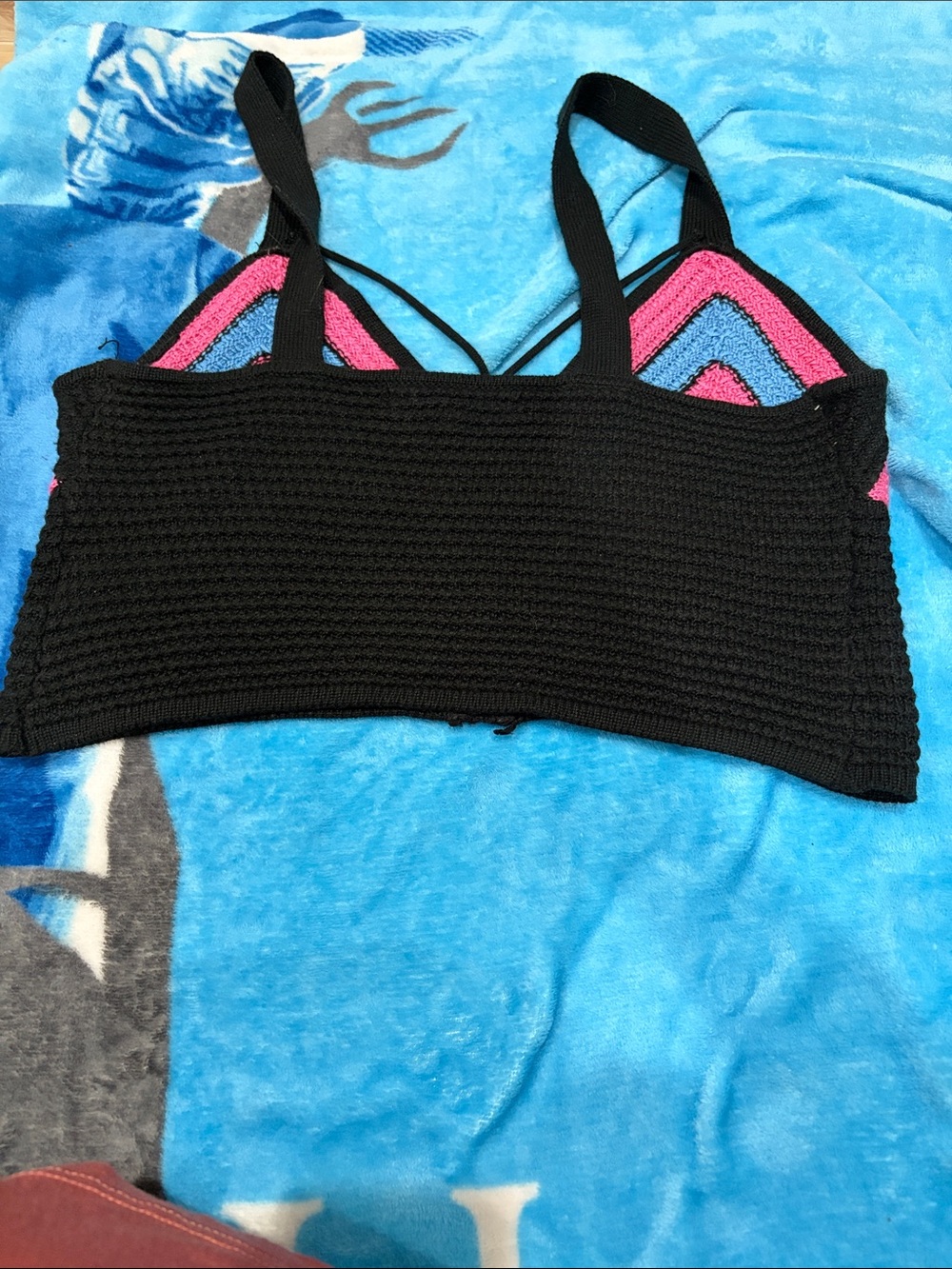 Black Crochet Crop Top with Pink & Blue Accents - Women Skirt Category - Picture 2 of 3